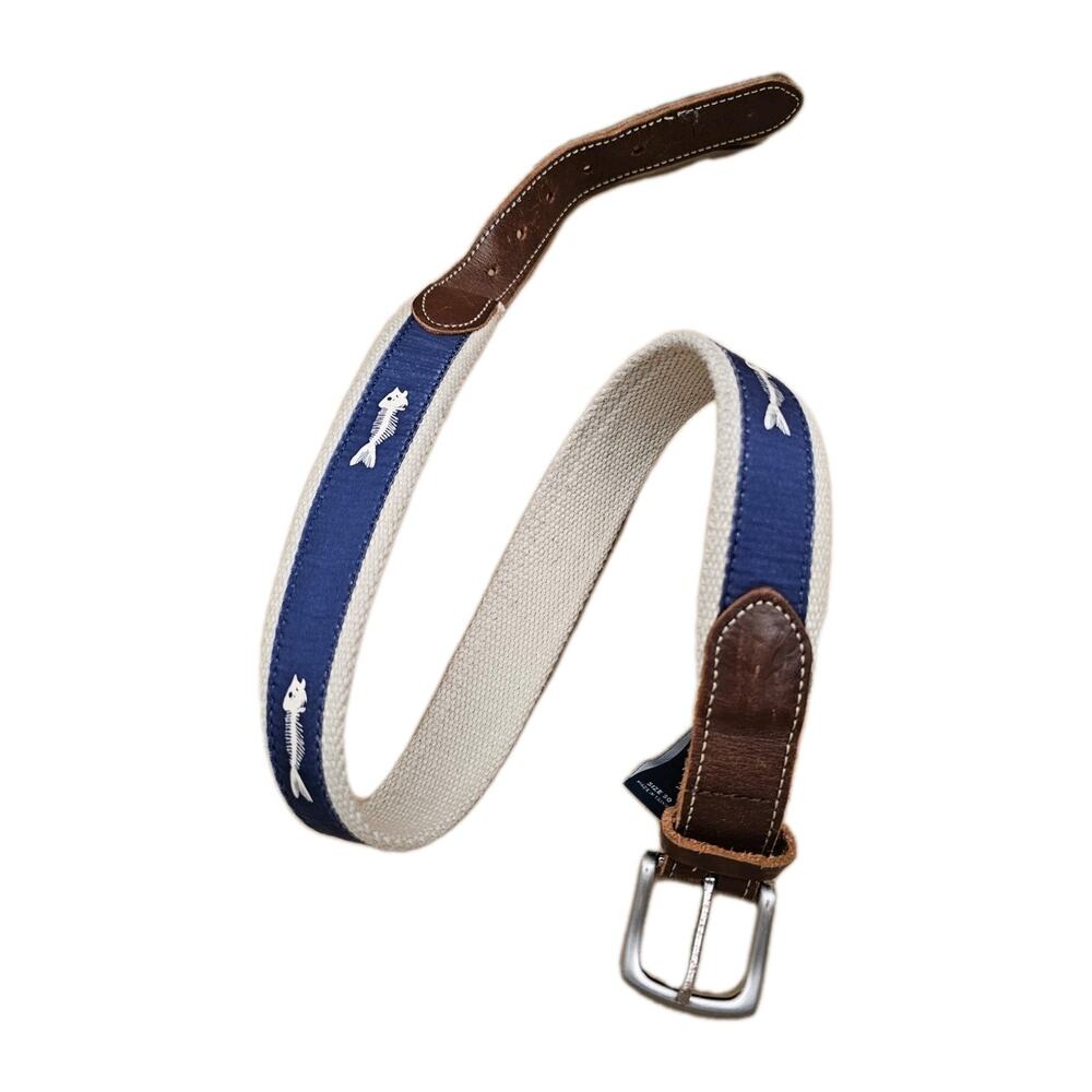 Vineyard Vines Belt Mens 30 Fishing Fish Bones Brass Canvas Leather